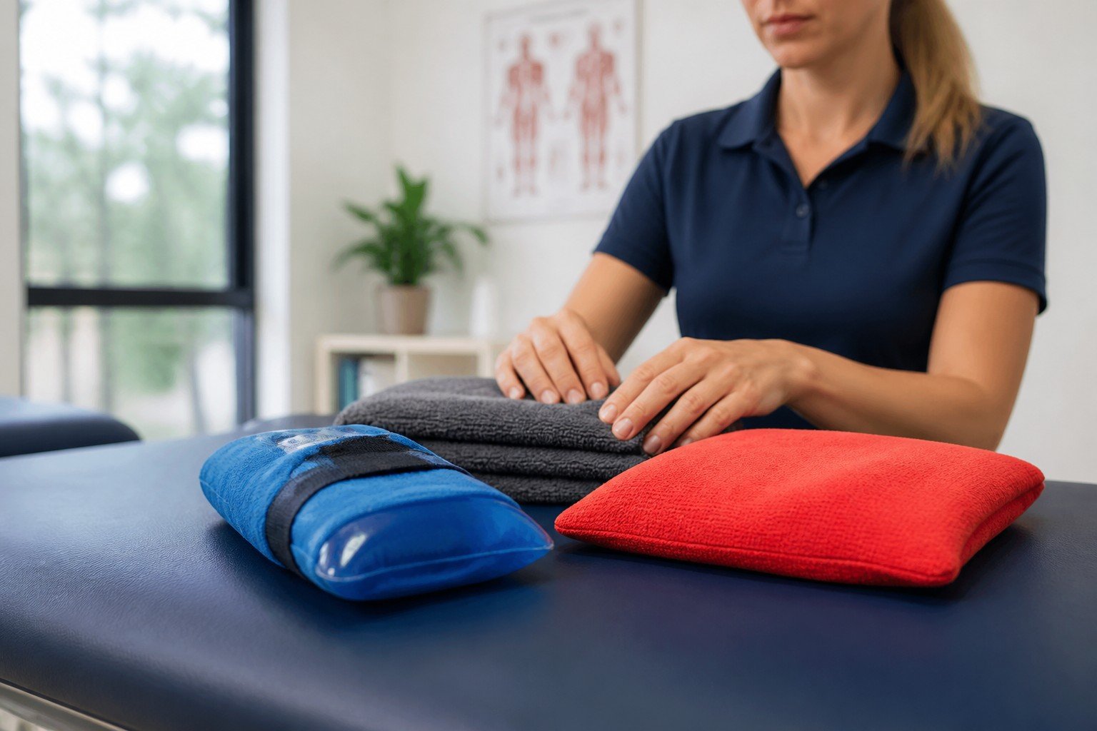 Heat and ice packs prepared for injury symptom relief in a physiotherapy clinic