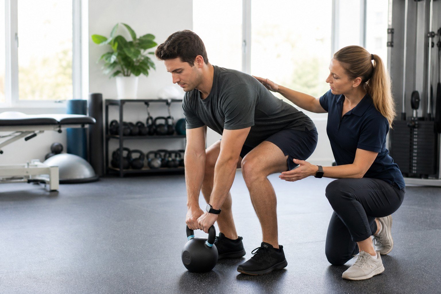 Physiotherapist coaching controlled lifting technique in a rehabilitation clinic