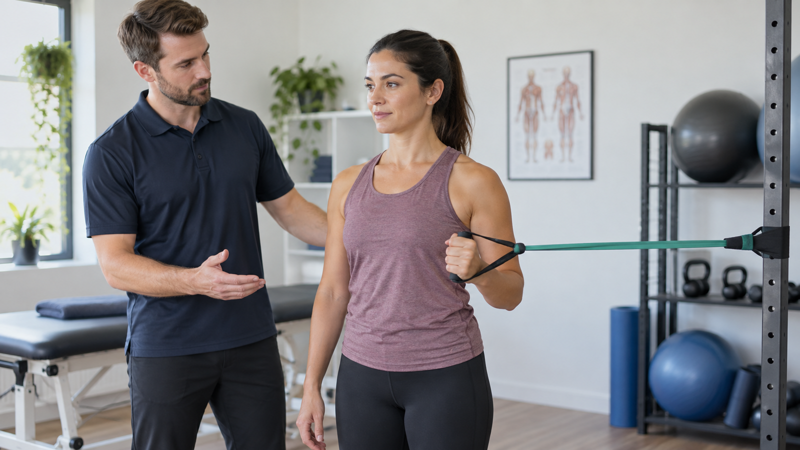 Rotator Cuff Shoulder Pain: What Should You Do? 4 Physiotherapist guiding a controlled resistance-band shoulder rehabilitation exercise