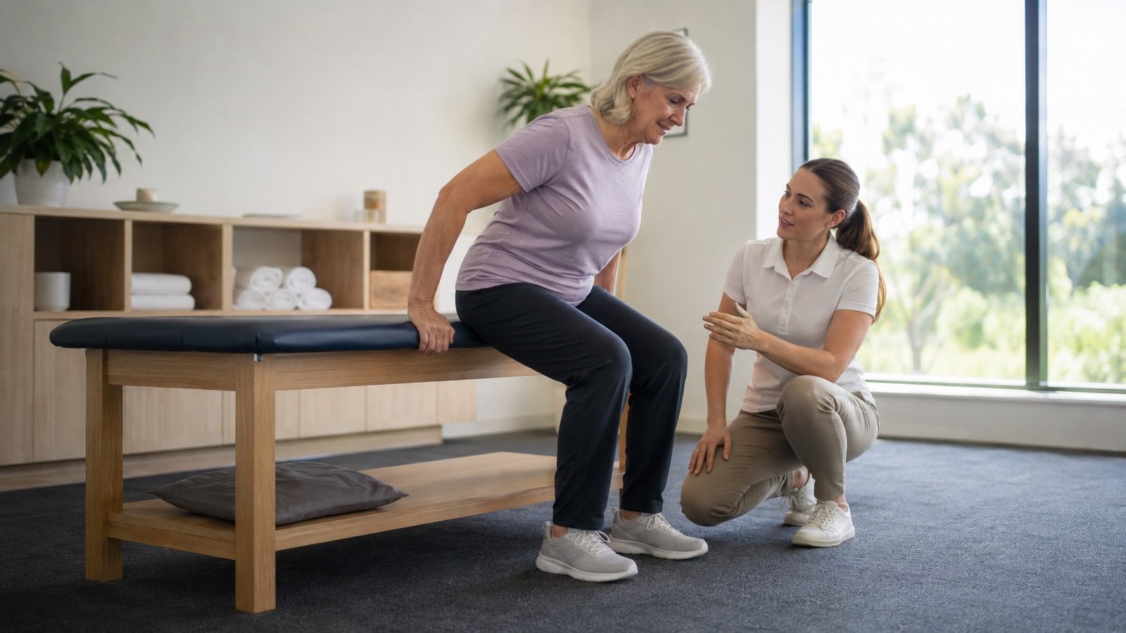 Exercise Physiologist guiding a supported knee-strength exercise for osteoarthritis at One Stop Physio Moorebank.