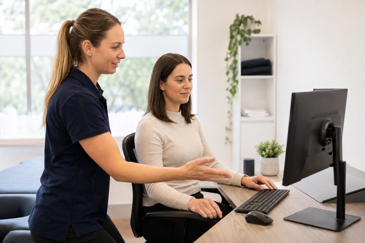 Neck Pain From Desk Work: 7 Effective Ways to Manage It 3 Physiotherapist reviewing a desk setup for neck pain from desk work
