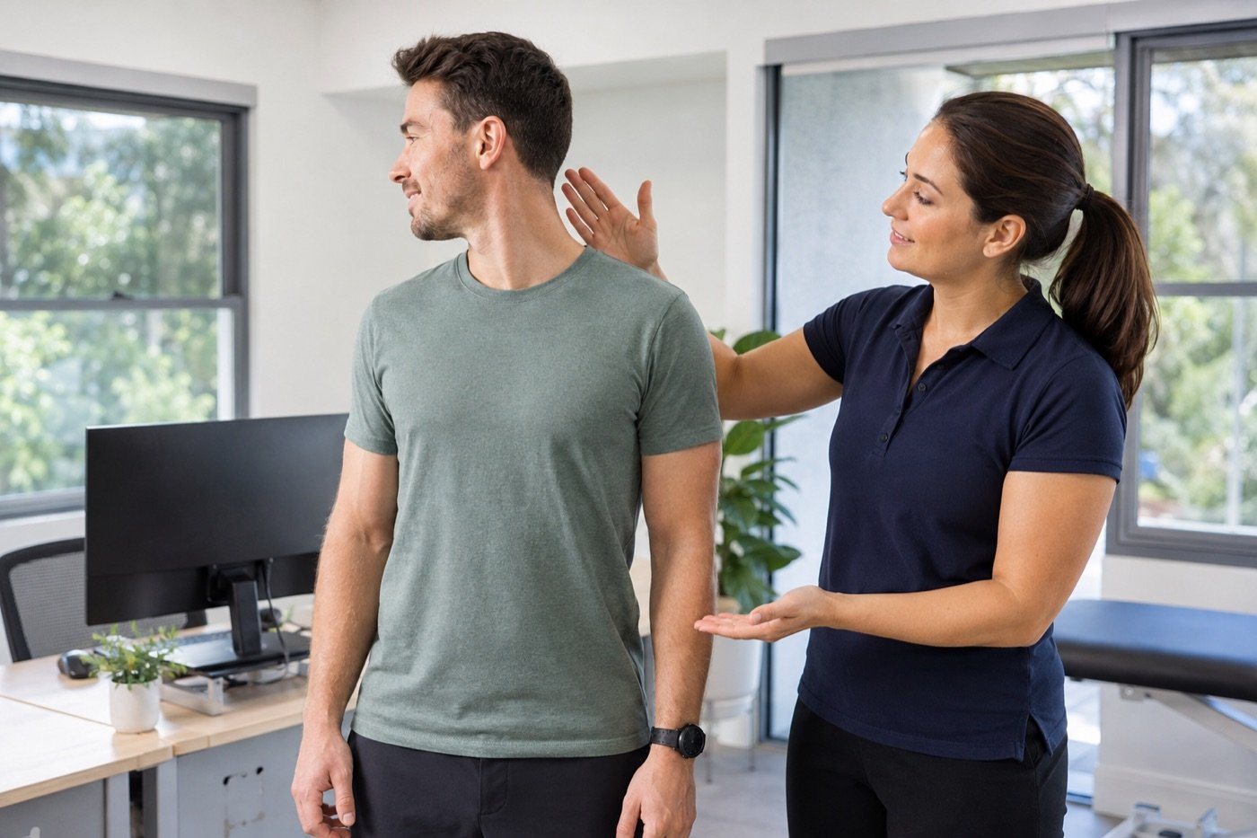 Neck Pain From Desk Work: 7 Effective Ways to Manage It 5 Physiotherapist demonstrating a gentle movement break for neck pain from desk work
