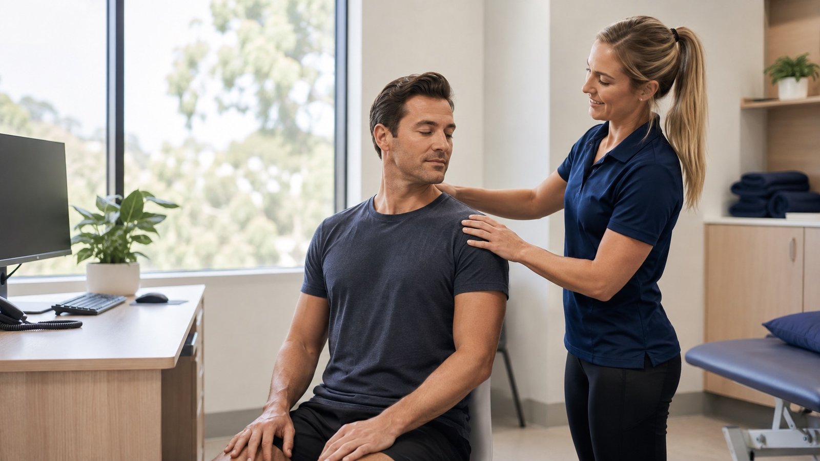 Physiotherapist helping with neck pain from desk work in Moorebank