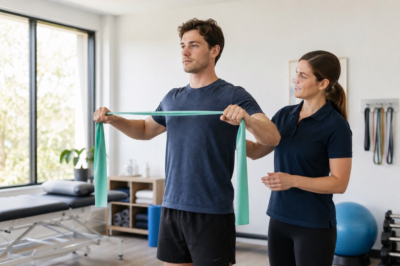 Neck Pain From Desk Work: 7 Effective Ways to Manage It 4 Physiotherapist supervising resistance band strengthening for neck pain from desk work