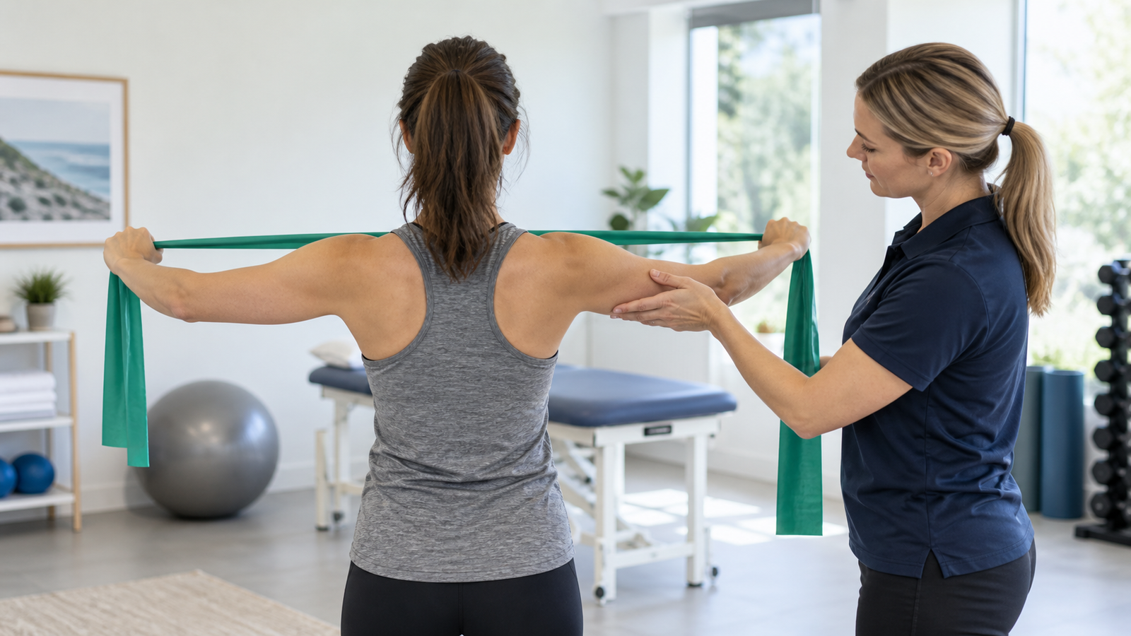 Rotator Cuff Shoulder Pain: What Should You Do? 1 Physiotherapist supervising rotator cuff shoulder rehabilitation in Moorebank
